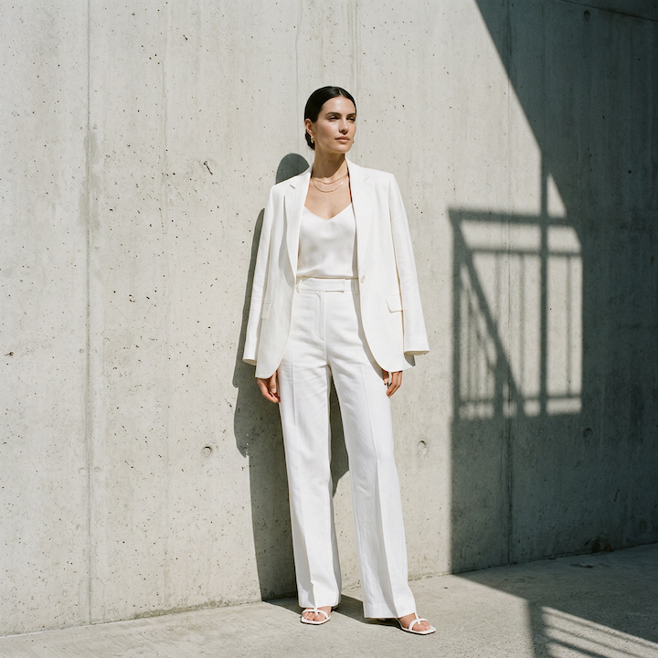 Total Look Blanc — blazer lin, caraco soie, pantalon tailleur. L'été en toute élégance.